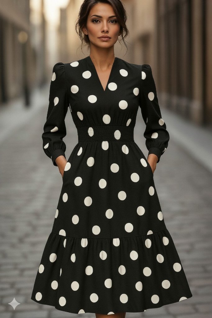 Kadın Uzun Kollu V Yakalı Beli Lastikli Puantiyeli Uzun Krep Elbise