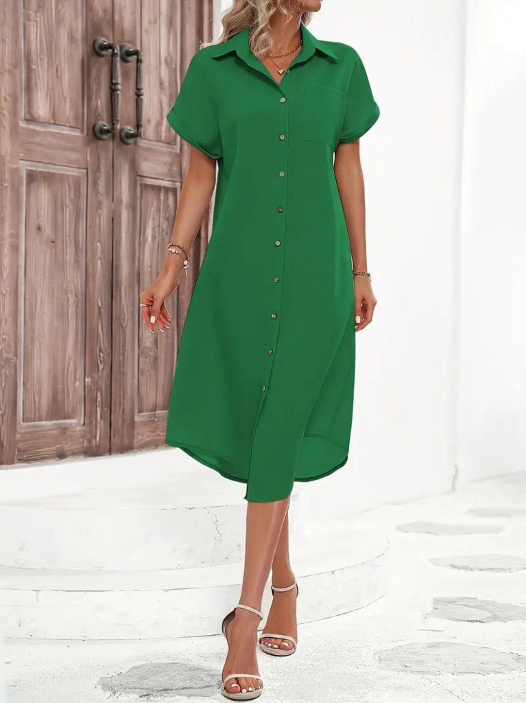 Kadın Kısa Kollu Yakalı Düğme Detay Midi Dokuma Elbise