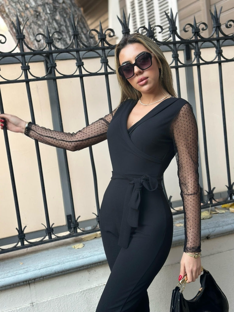 Kadın Uzun Kollu Kruvaze Yakalı Kolları Tül Detay Beli Kuşaklı Ithal Krep Tulum