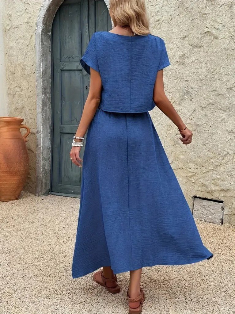 Kadın Kısa Kollu Bisiklet Yaka Bluz Etekli Ithal Keten Ikili Takım