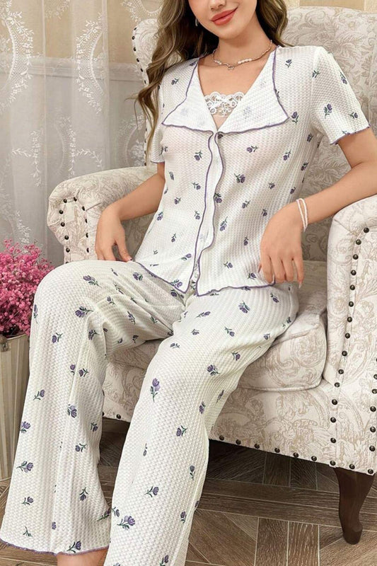 Beyaz Mor Lale Desenli Romantik Pijama Takımı 7335