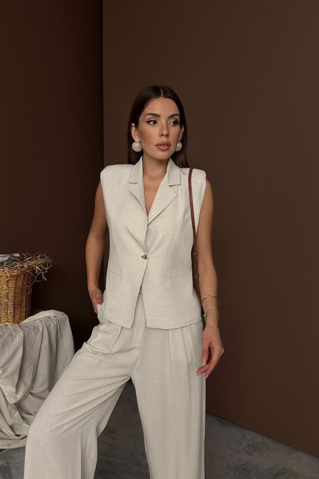 Bej Keten Yelek Pantolon Takım