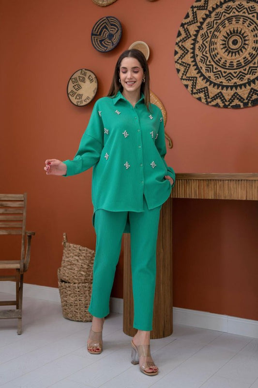 Yeşil Gömleği Taşlı Fitilli Takım