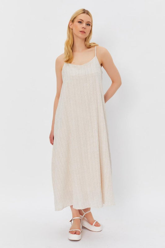 Askılı Uzun Çan Elbise - Natür