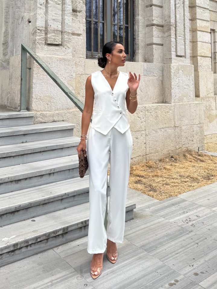 Kadın Sıfır Kollu çapraz V Yakalı önden Düğmeli Atlas Yelek Ve Pantolon Ikili Takım