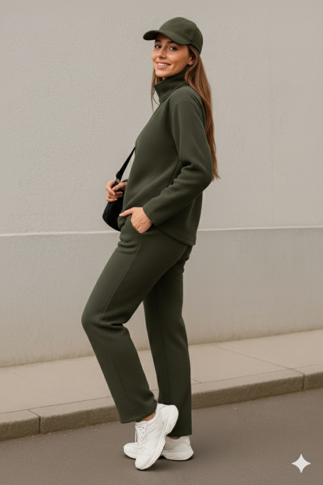 Kadın Balıkçı Yaka Fermuar Detay Polar Sweat Ve Pantolon Ikili Takım