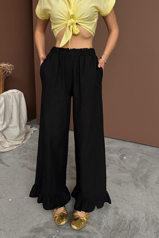 Siyah Paçası Fırfırlı Keten Pantolon