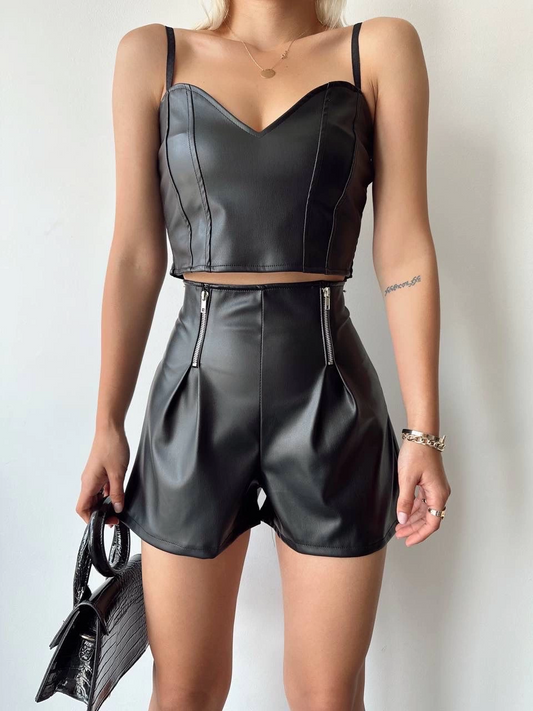 Çift fermuarlı deri şort h24394