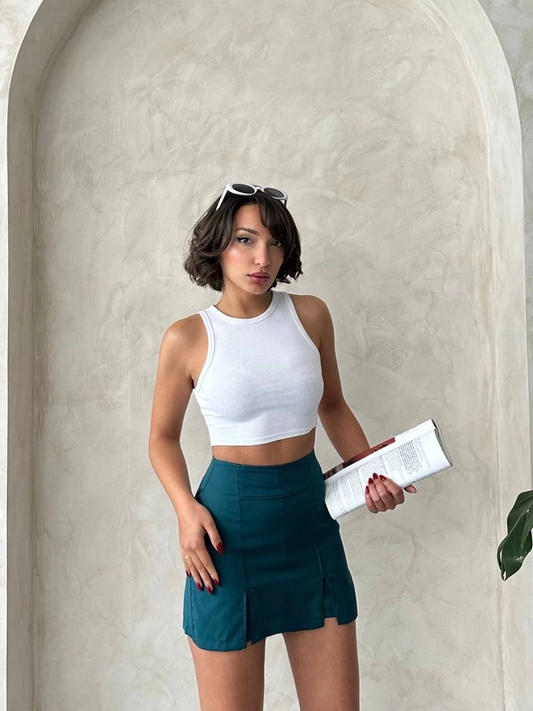 Çift yırtmaçlı atlas şort etek petrol yeşili s240364