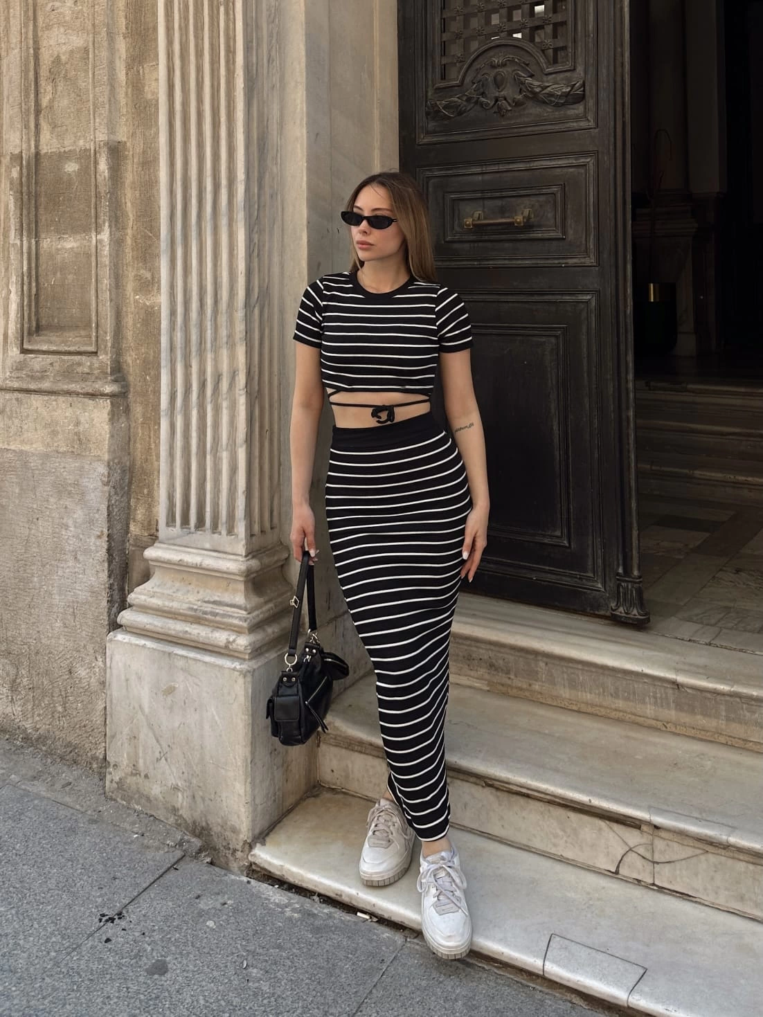 Çizgili etekli takım siyah s3609