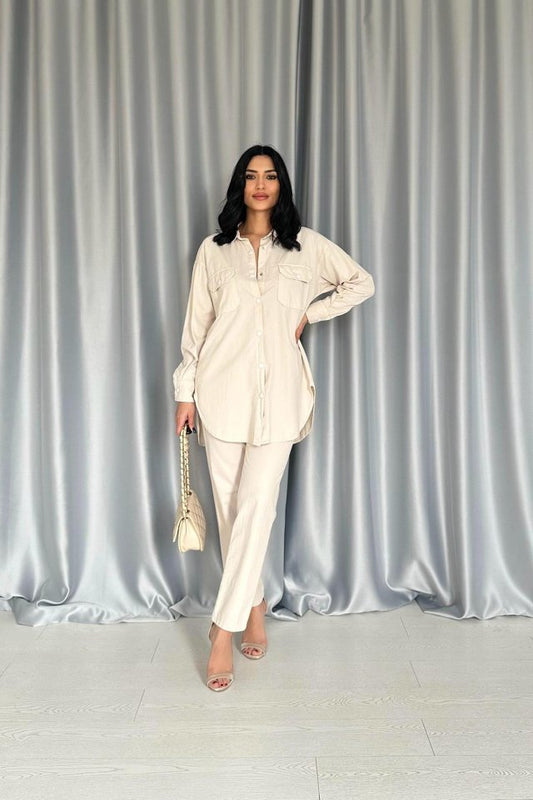 Bej Gömlek Ve Çıtçıtlı Pantolon Takım