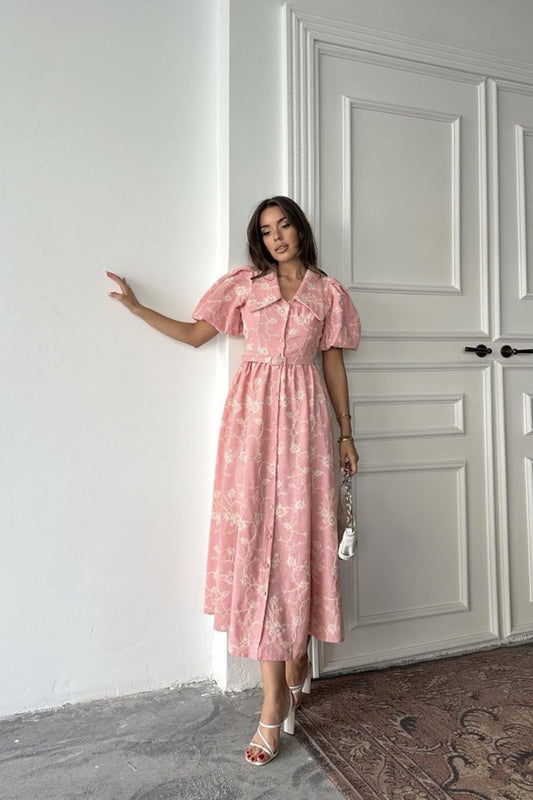 Pembe Bebe Yaka Balon Kollu Elbise