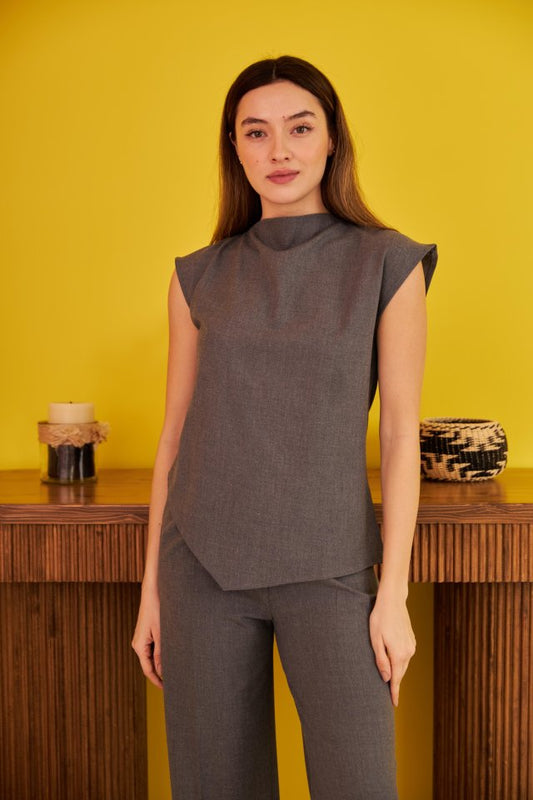 Gri Sıfır Kol Düğmeli Gömlek Takım