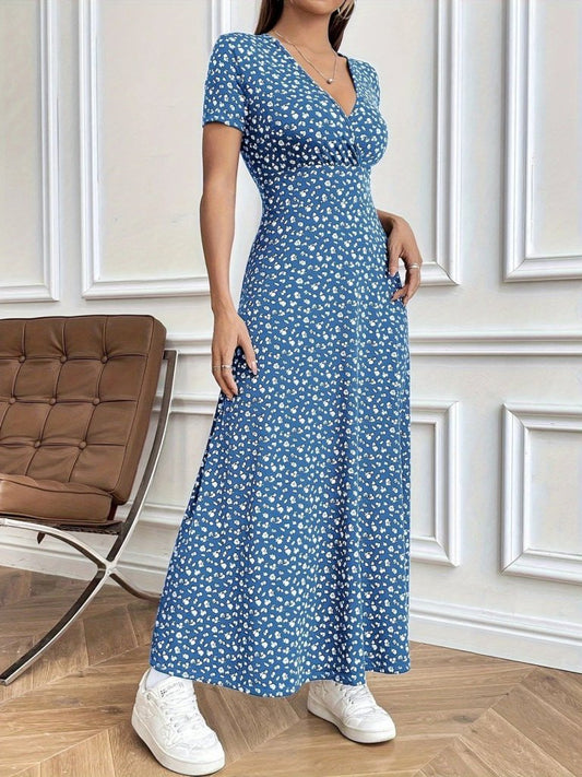 Kadın Kısa Kollu Kruvaze Yakalı çiçek Desenli Süprem Elbise