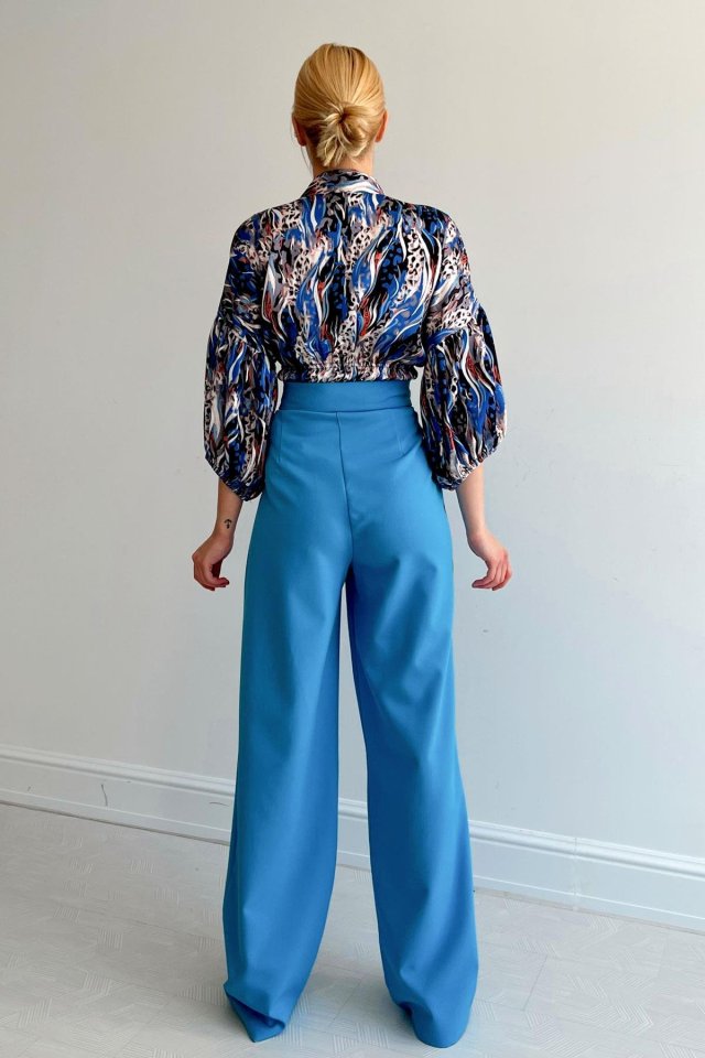 Beli Lastikli Saten Gömlek - Mavi