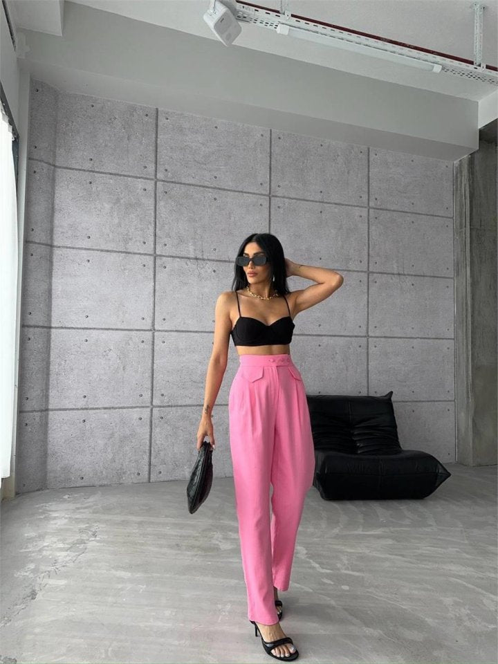 PANTOLON KAPALI CEP 3 DÜĞME DETAYLI - Pembe