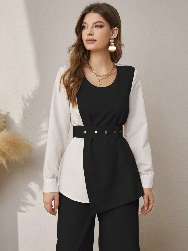 Kadın Uzun Kollu Açık Yakalı çift Renkli Kemerli Ithal Krep Ikili Takım