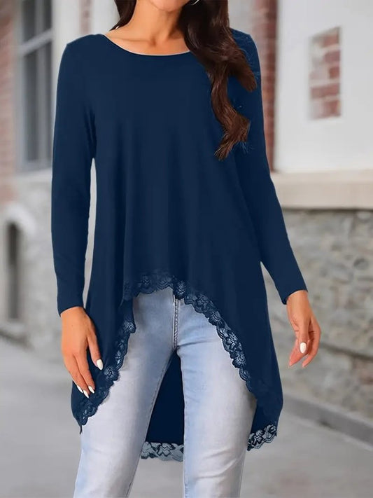 Kadın Uzun Kollu Bisiklet Yaka Asimetrik Kesim Detaylı Dantelli Viskon Bluz