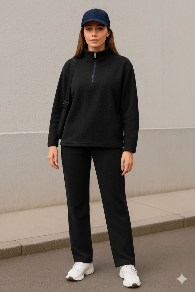 Kadın Balıkçı Yaka Fermuar Detay Polar Sweat Ve Pantolon Ikili Takım