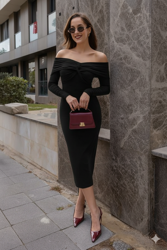 Kadın Uzun Kollu Madonna Yaka Düğüm Büzgü Detay Maxi Boy Elblbise