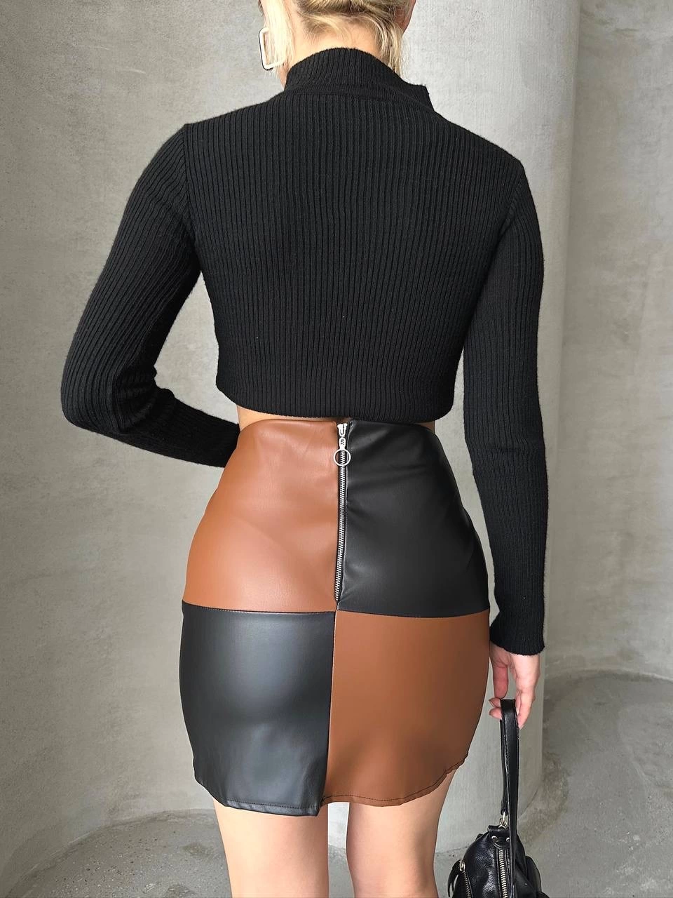 Damalı deri etek siyah kahve w24648