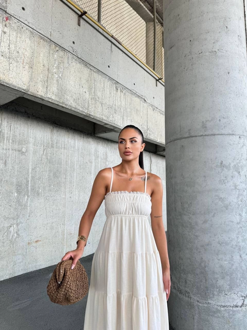 Dantelli askılı keten elbise s4310