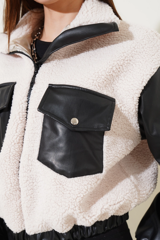Deri garnili cepli peluş mont siyah t1253