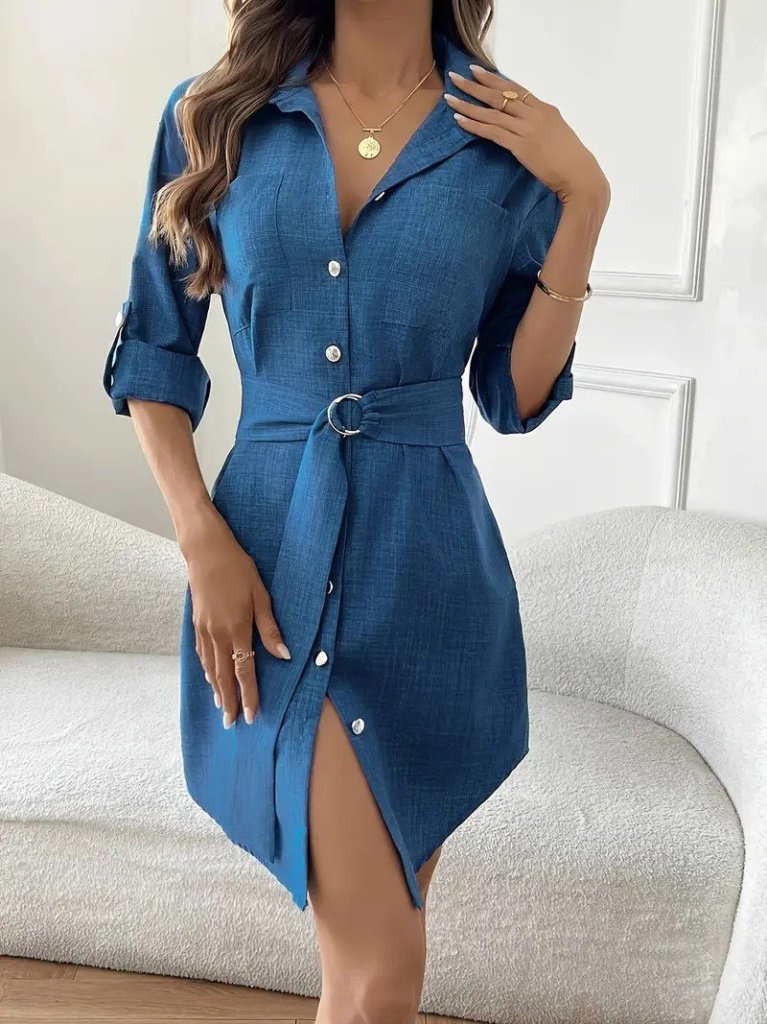 Kadın Uzun Kollu Yakalı önden Düğmeli Beli Kuşaklı Mini Ithal Keten Elbise