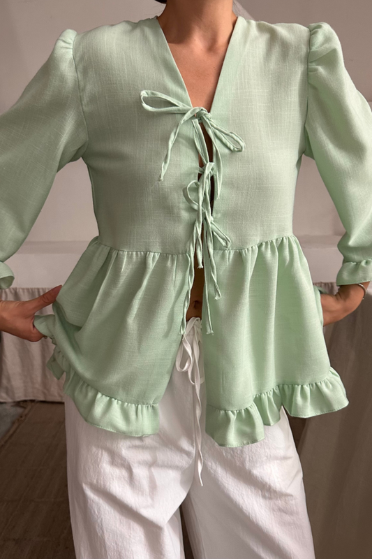 KETEN BLUZ ÖNDEN BAĞLAMALI FIRFIR DETAYLI - Yeşil