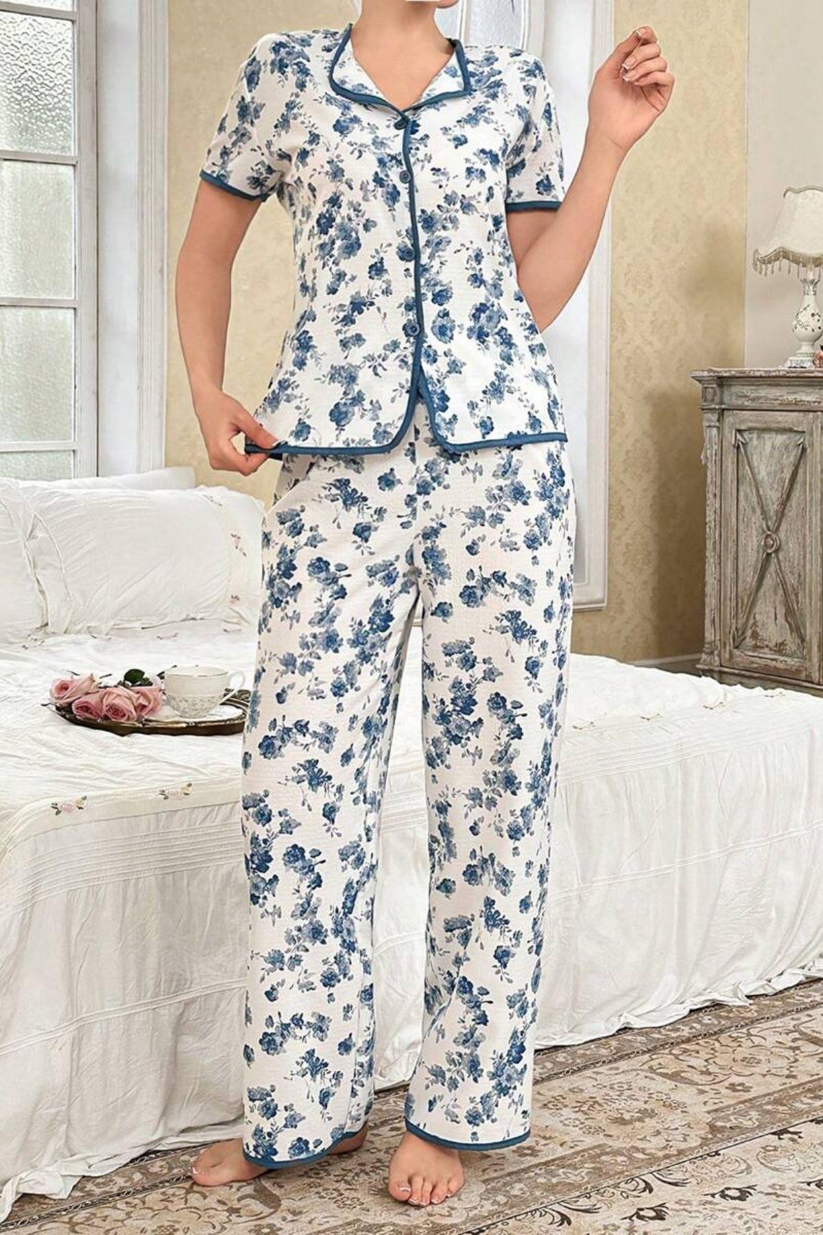 Mavi Çiçekli Düğme Detaylı Yazlık Pijama Takımı 7347