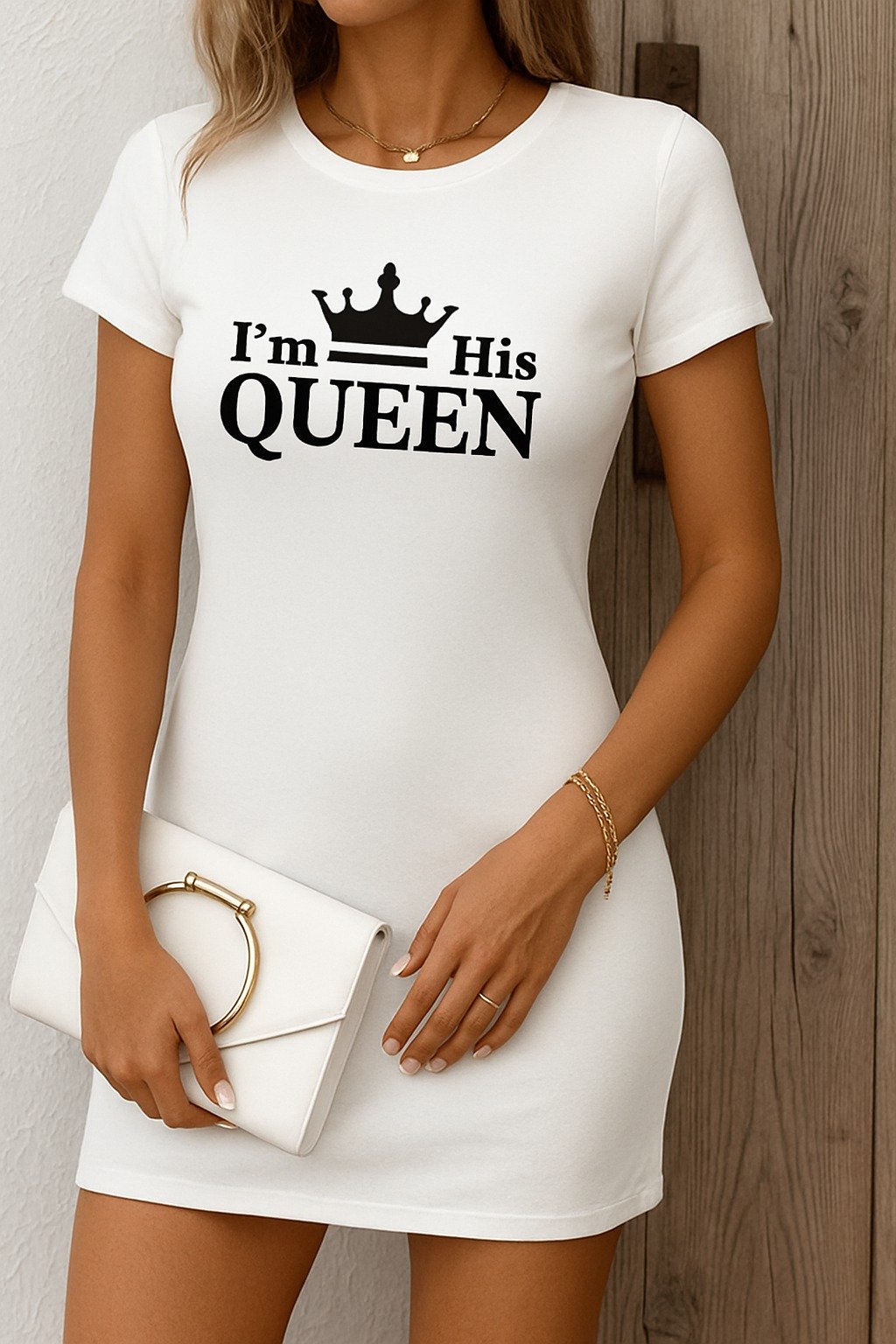 Kadın Kısa Kollu Queen Baskı Iki Iplik Mini Elbise