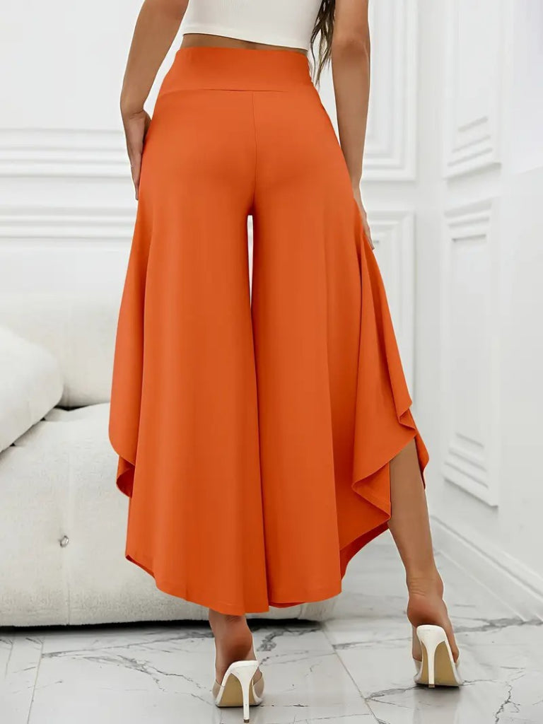 Kadın Yüksek Belli Geniş Paçalı Yanlardan Açık Sandy Pantolon