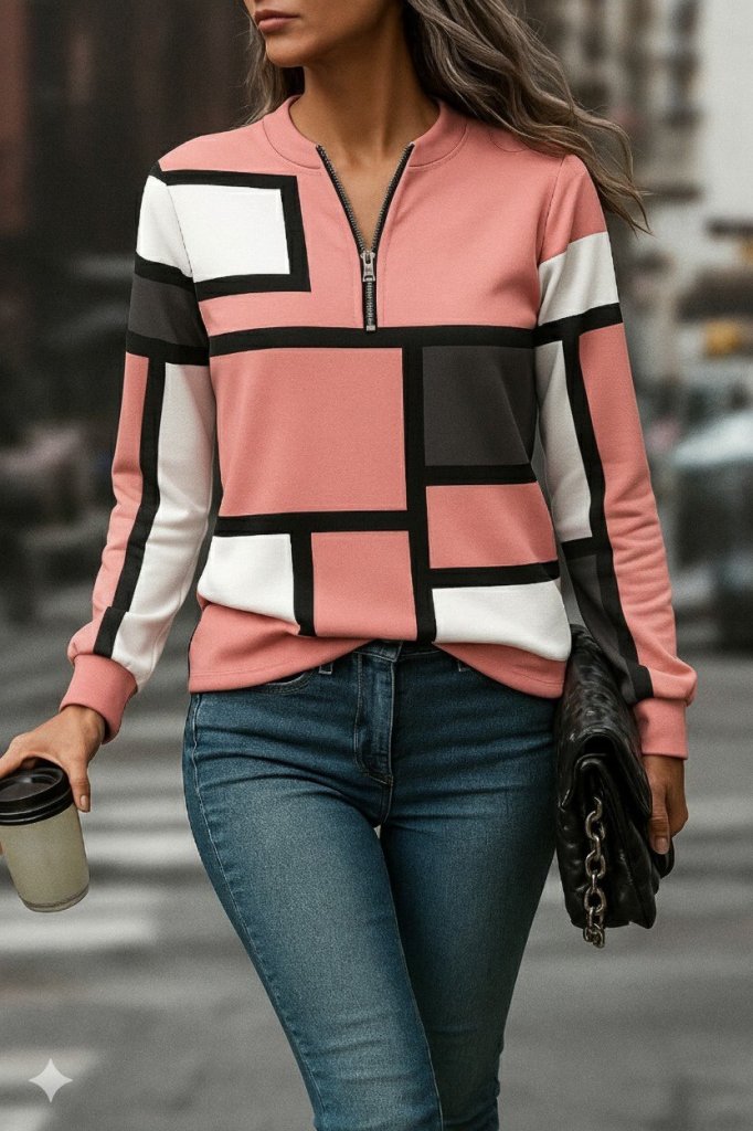 Kadın Uzun Kollu Yakadan Fermuarlı Desenli şardonlu Dalgıç Bluz