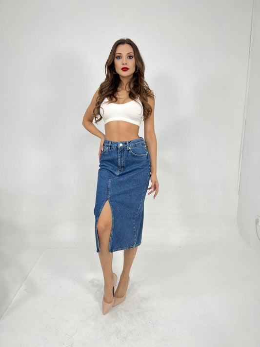 6478 DENİM MIDI SLIT SKIRT-MAVİ