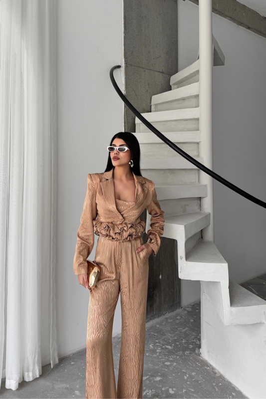 JAKARLI BLUZU TASARIM DETAYLI CEKET-PANTOLON-BLUZ 3 LÜ TAKIM - Bej