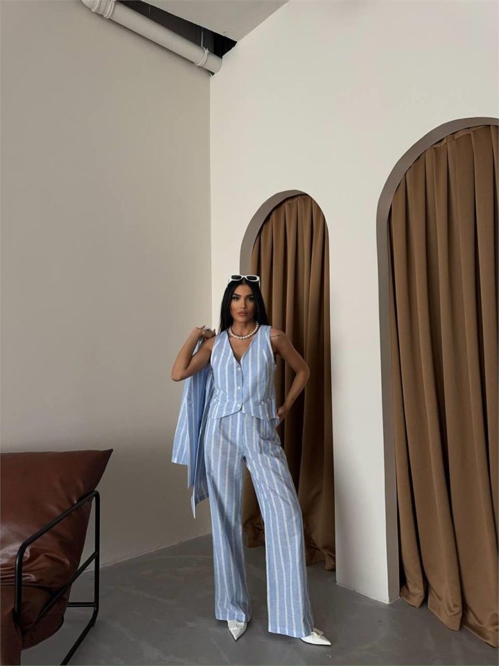 ÇİZGİLİ CEKET KETEN - Mavi