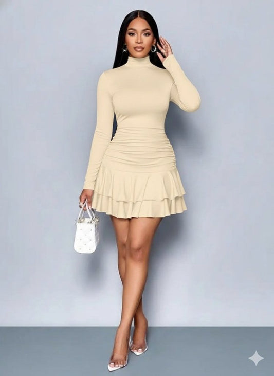 Kadın Uzun Kollu Balıkçı Yaka Mini Fırfırlı Sandy Elbise