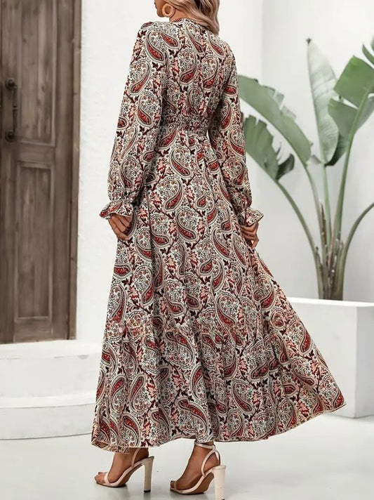 Kadın Uzun Kollu V Yakalı Beli Lastikli Desenli Süprem Elbise