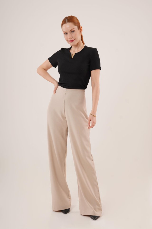 Bol Paça Yandan Fermuarlı Krem Kumaş Pantolon