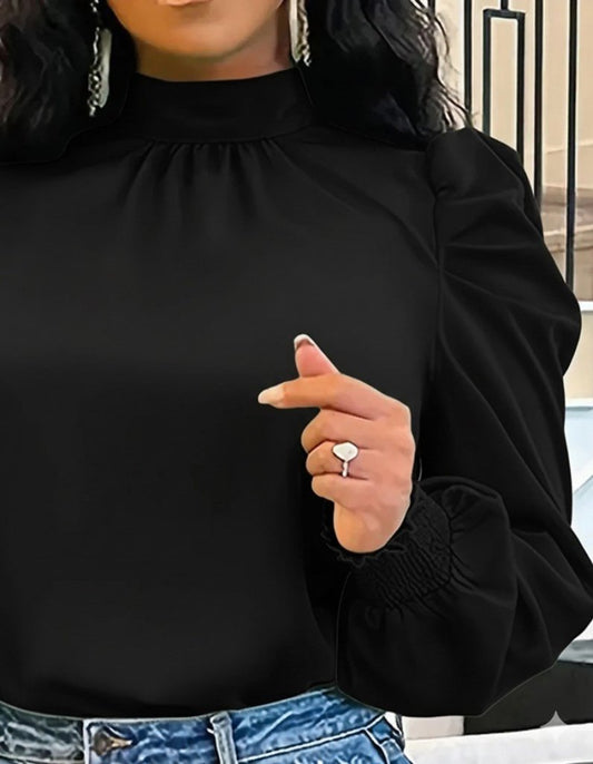 Kadın Uzun Kollu Balıkçı Yaka Arkadan Bağlamalı Omuzlardan Balon Ithal Krep Bluz