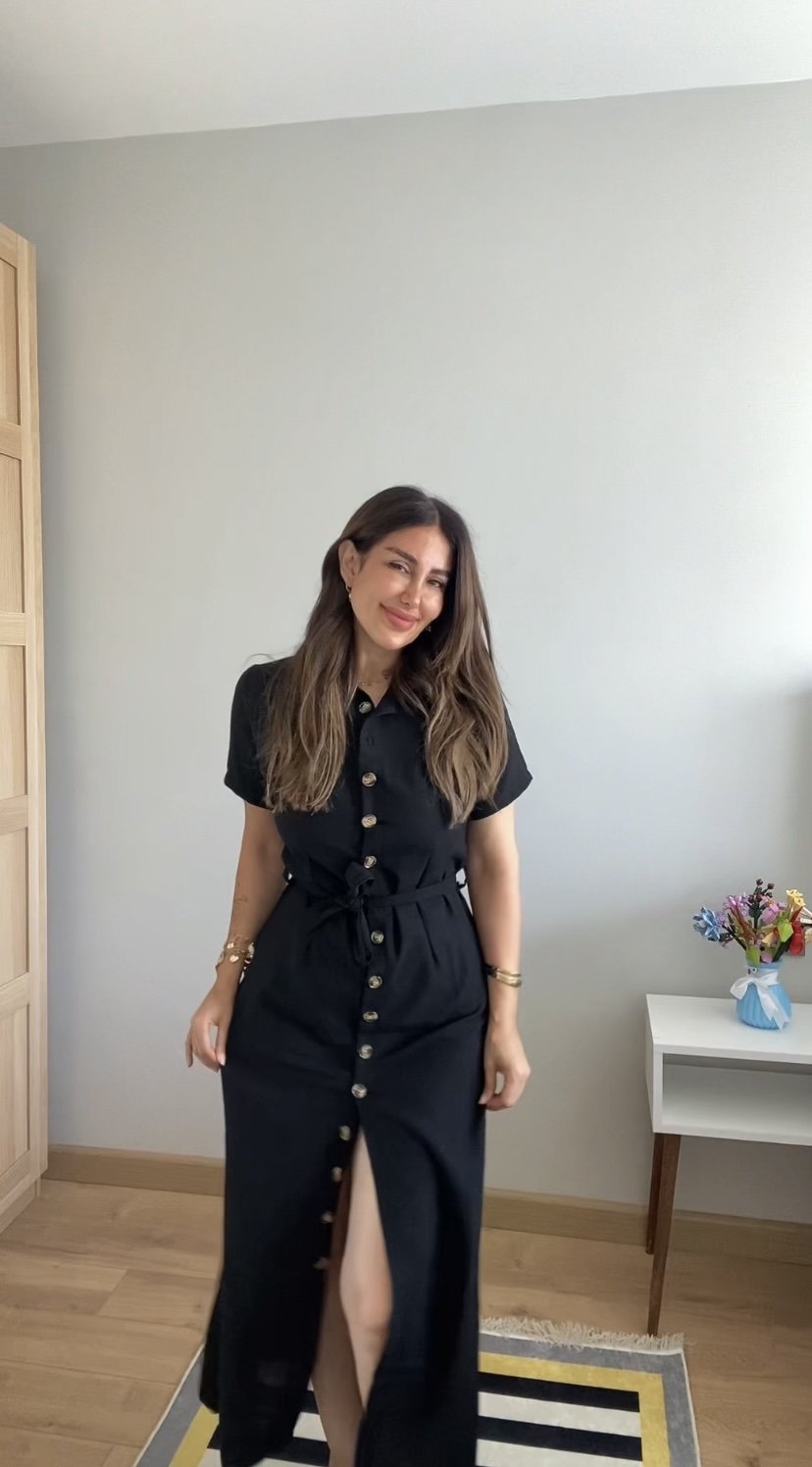 Kadın Kısa Kollu Yakalı önden Düğmeli Beli Kuşaklı Ithal Keten Elbise