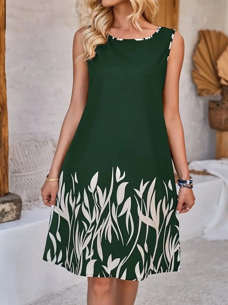 Kadın Askılı Yuvarlak Yakalı Yaprak Desenli Dalgıç Elbise