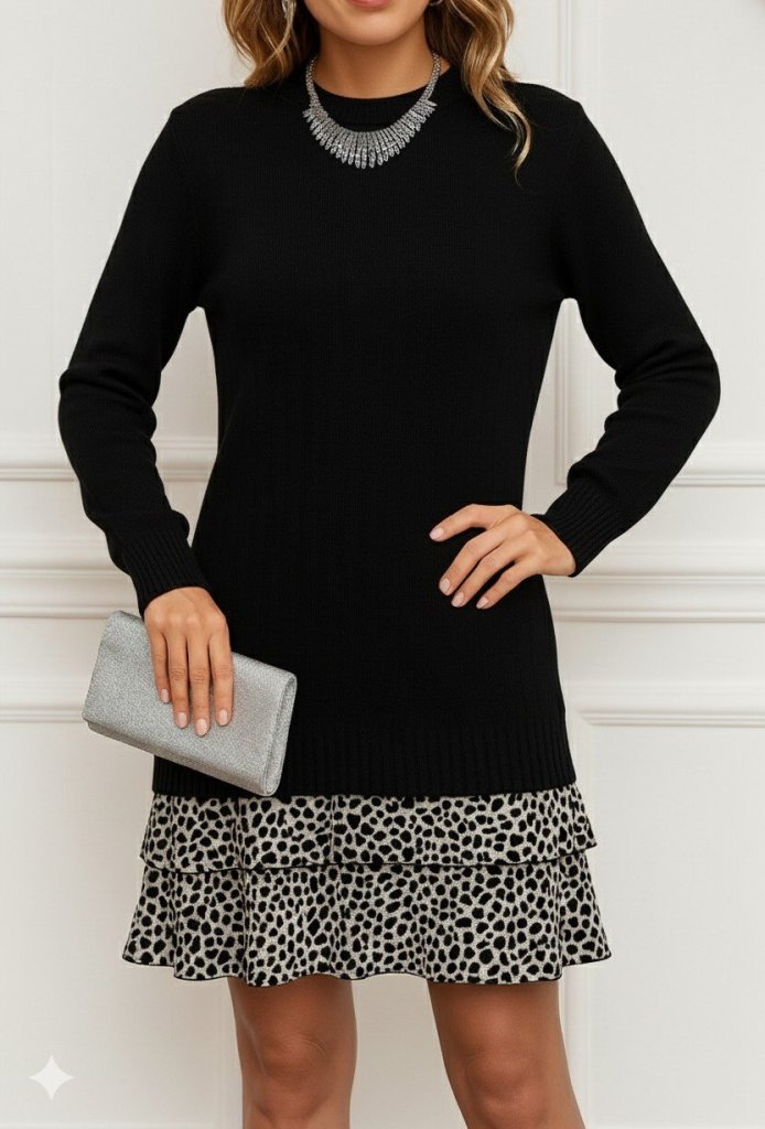 Kadın Uzun Kollu üst şardonlu Kaşkorse Alt Süprem Desenli Elbise