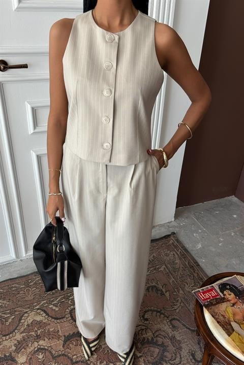 Yelek Plazzo Pantolon Çizgili Flamlı Poliviscon Takım 10178