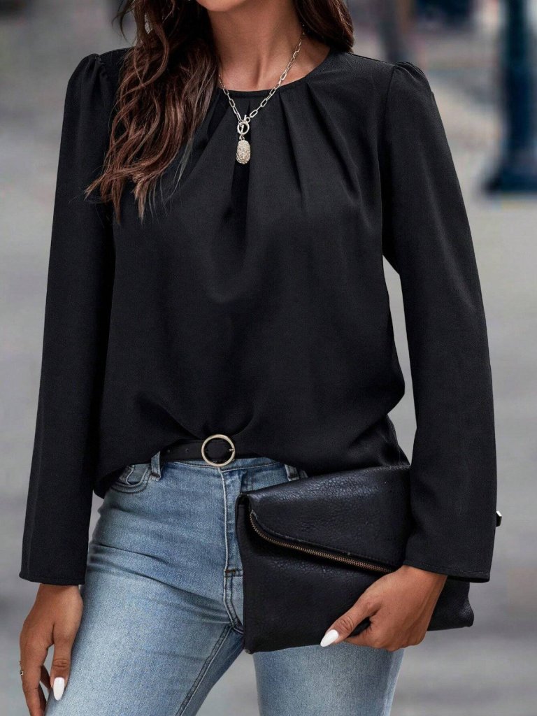 Kadın Uzun Kollu Yuvarlak önden Pileli Ithal Krep Bluz