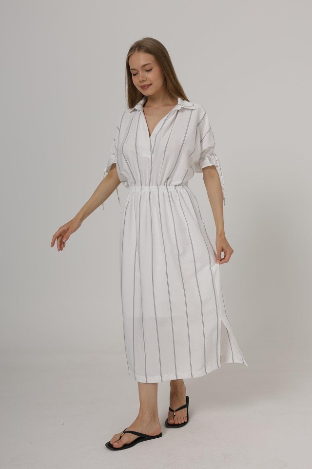 Beli Lastikli Elbise - Beyaz