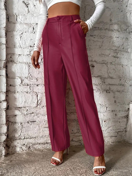 Kadın önden Fermuarlı Cepli Geniş Kesim Lame Deri Pantolon