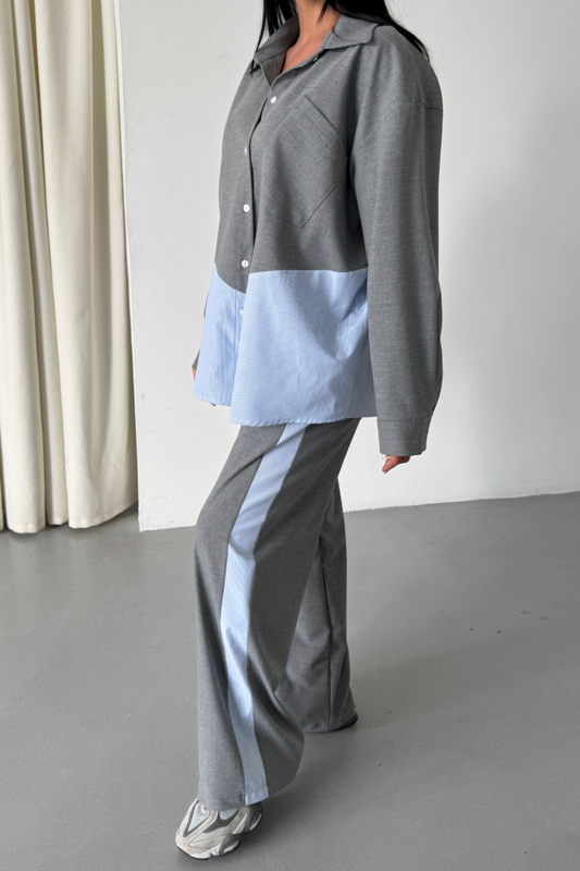 POLYVİSKON - POPLİN PARÇALI GÖMLEK PANTOLON TAKIM - Gri