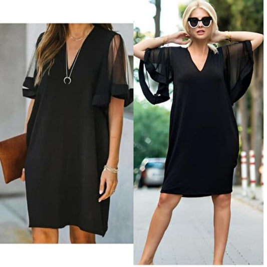 Kadın Tüllü Kısa Kollu V Yaka Krep Elbise