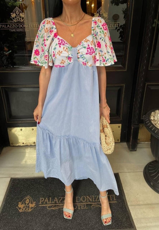 RENKLİ NAKIŞ DESENLİ ELBİSE - Mavi